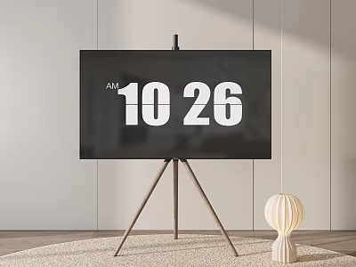 Modern TV on Tripod Stand Displaying Time with White Lamp in Minimalist Interior 3d model