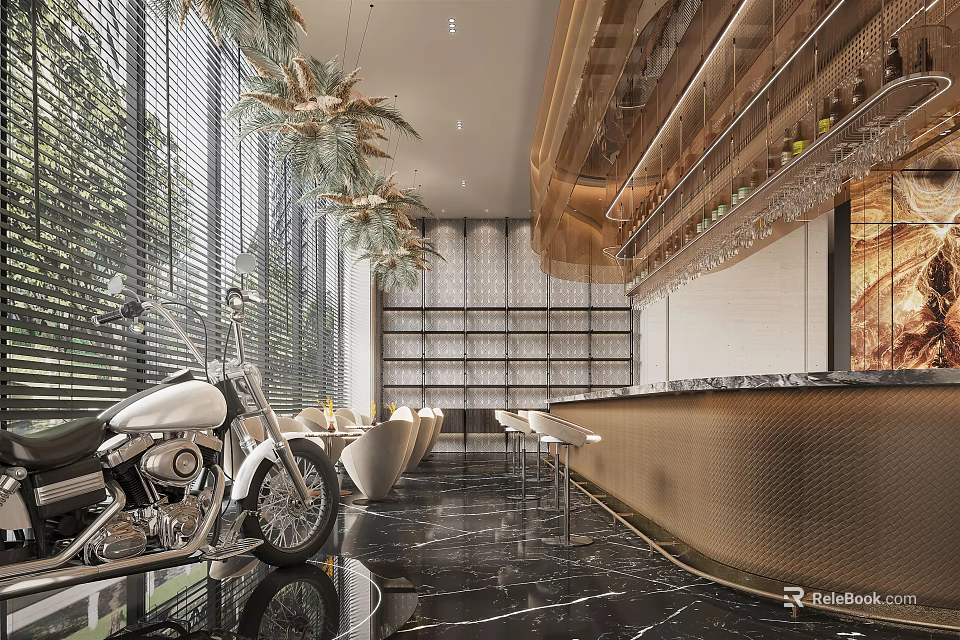 Elegant Modern Cafe Interior With Gold Accents Velvet Seats And Bar Counter 3d model 