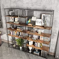 Modern Metal And Wooden Display Shelf With Books Decorations Photo Frames And Green Plants
