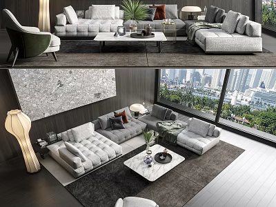 Modern Sofa Coffee Table Set With Throw Pillows Green Plant Wall Art And City View 3d model