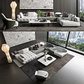 Modern Sofa Coffee Table Set With Throw Pillows Green Plant Wall Art And City View