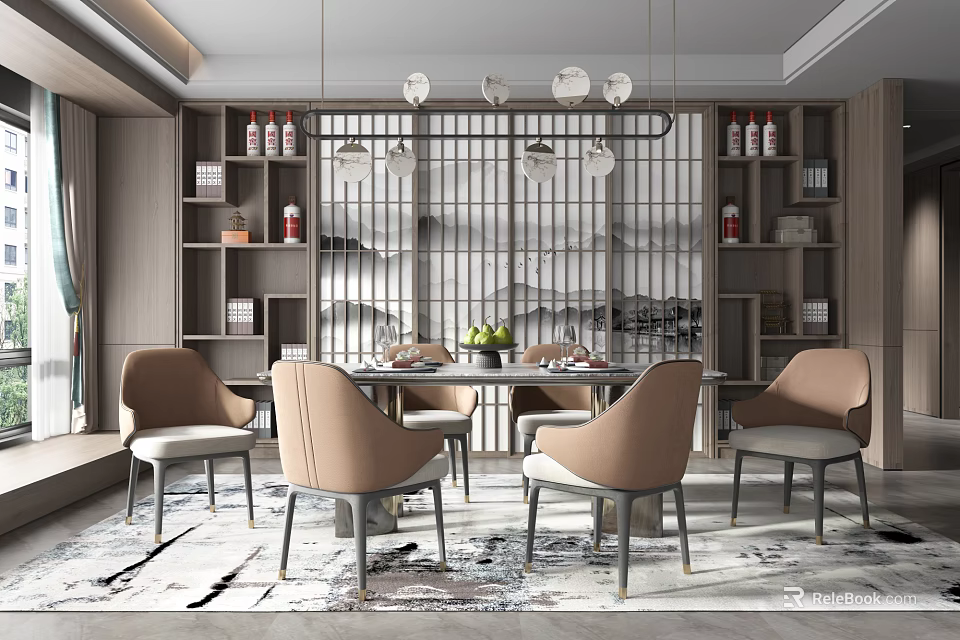 Elegant Modern Restaurant Dining Space With Round Table Beige Chairs Pendant Lights And Wine Cabinets 3d model 