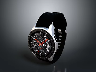 Modern Sport Watch Featuring Black Strap Silver Bezel Black Dial and Red Hands 3d model
