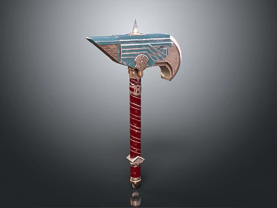 Ornamental Fantasy Axe With Blue Blade Red Handle And White Stripes 3d model