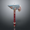 Ornamental Fantasy Axe With Blue Blade Red Handle And White Stripes