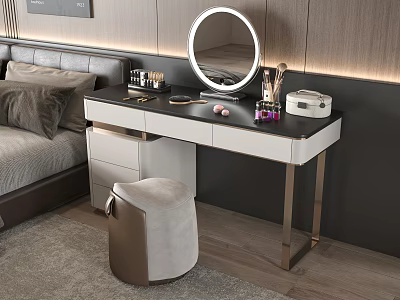 Modern Bedroom Dressing Table With Round Mirror Cosmetics Stool Black Top And Metal Legs 3d model