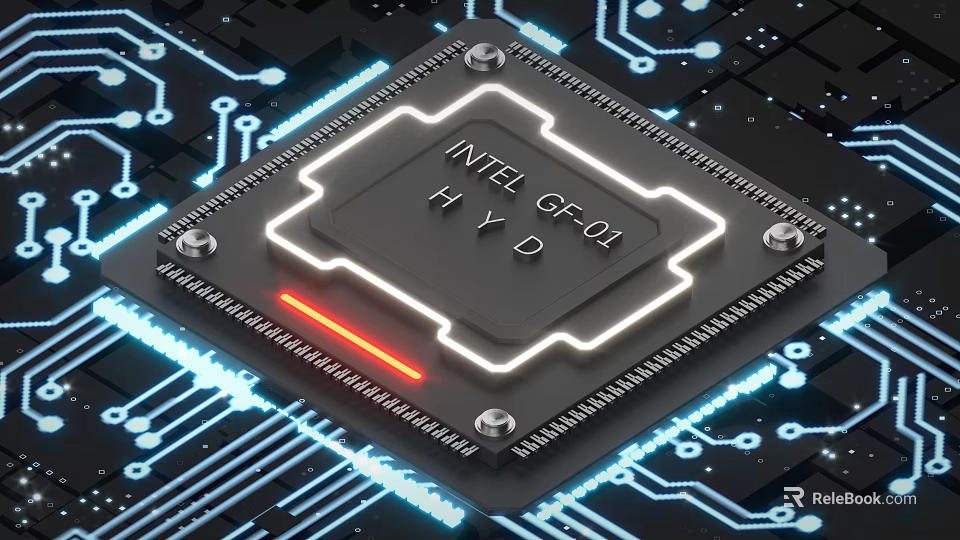 Advanced Industrial Equipment Featuring Intel GF-01 HYD Chip With Circuit Board And Illuminated Lines 3d model 