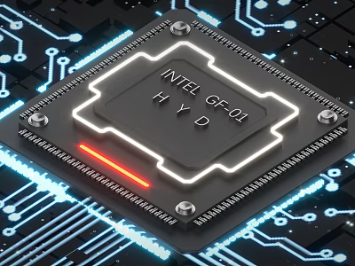Advanced Industrial Equipment Featuring Intel GF-01 HYD Chip With Circuit Board And Illuminated Lines 3d model