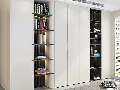 Modern White Bookcase Interior Design With Open Shelves And Decorative Books Green Plants 3d model