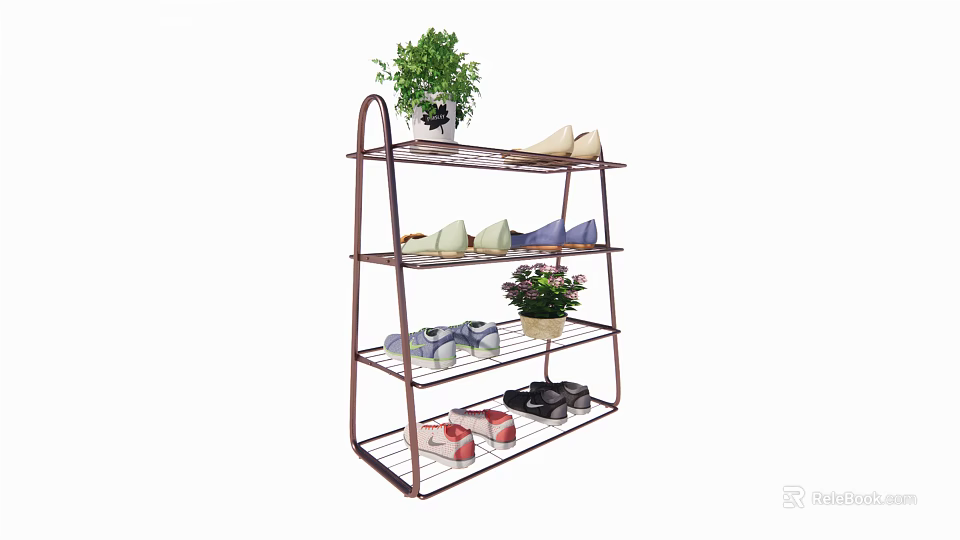 Multi Tier Metal Shoe Rack with Shoes and Potted Plants on Shelves 3d model 