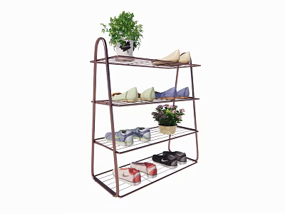 Multi Tier Metal Shoe Rack with Shoes and Potted Plants on Shelves 3d model