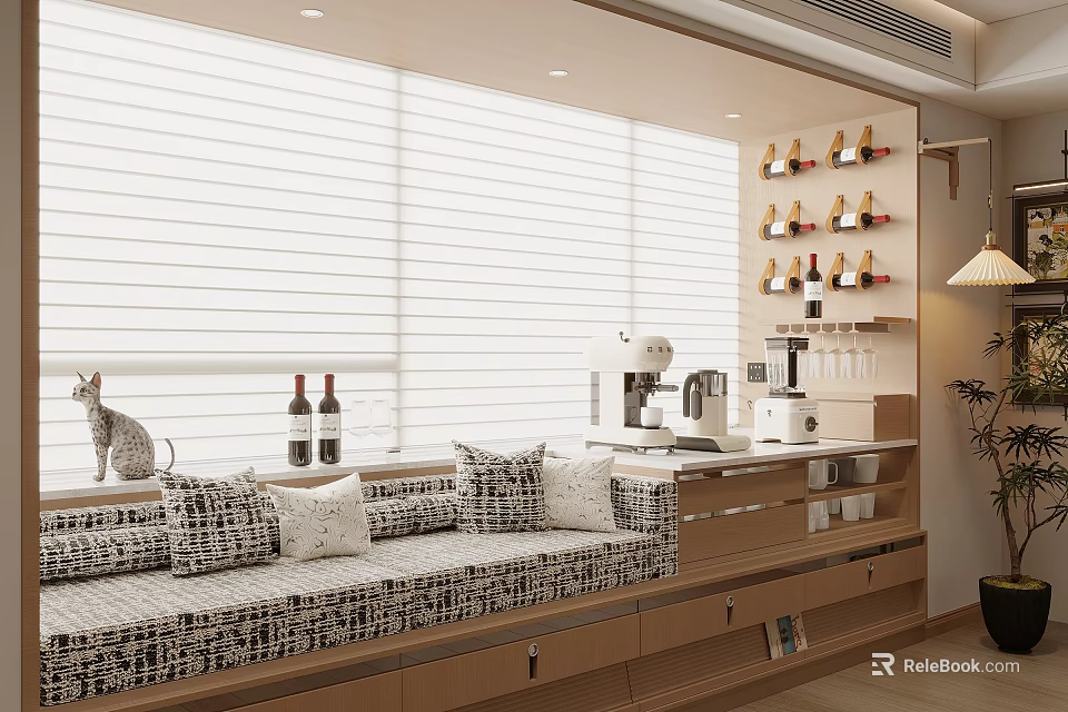 Modern Bay Window With Upholstered Seat Patterned Cushions Wine Bottles Cat Coffee Machine And Blinds 3d model 