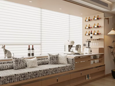 Modern Bay Window With Upholstered Seat Patterned Cushions Wine Bottles Cat Coffee Machine And Blinds 3d model