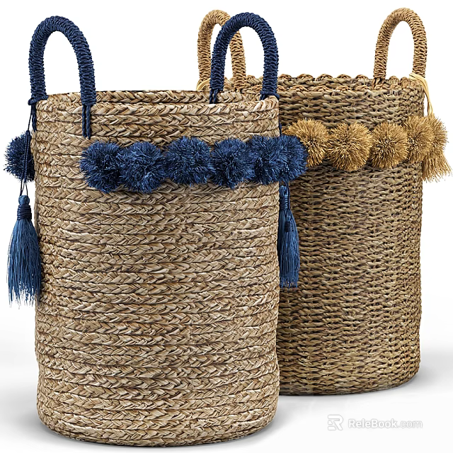 Natural Fiber Woven Storage Bags with Blue and Brown Pom poms Tassels for Home Use 3d model 