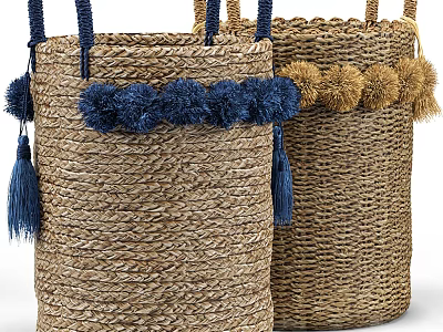 Natural Fiber Woven Storage Bags with Blue and Brown Pom poms Tassels for Home Use 3d model