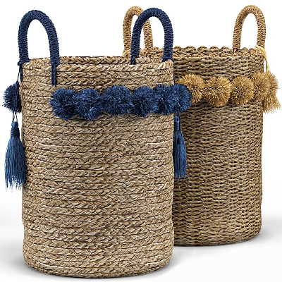 Natural Fiber Woven Storage Bags with Blue and Brown Pom poms Tassels for Home Use 3d model