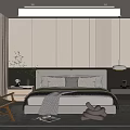 Modern Minimalist Bedroom Interior With Gray Wall Panels Woven Chair Bedside Lamp Plants And Rug
