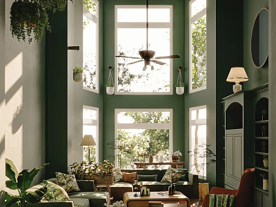 Duplex Living Room Interior Design With Green Walls Large Windows Sunlight And Cozy Furniture 3d model