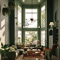 Duplex Living Room Interior Design With Green Walls Large Windows Sunlight And Cozy Furniture