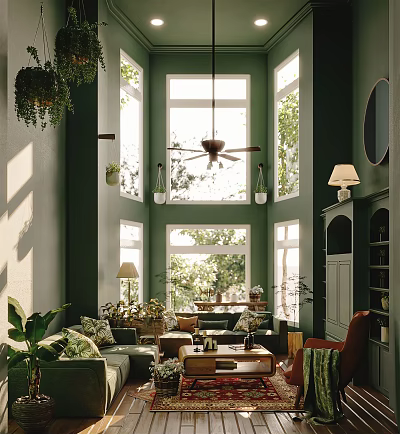 Duplex Living Room Interior Design With Green Walls Large Windows Sunlight And Cozy Furniture 3d model