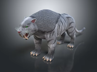 Detailed 3D Reptile Model Standing With Gray Striped Scales Sharp Teeth And Green Eyes 3d model