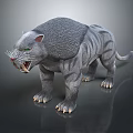 Detailed 3D Reptile Model Standing With Gray Striped Scales Sharp Teeth And Green Eyes