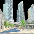 Modern High Rise Office Buildings With Commercial Area Palm Trees And Water Feature At Sunset