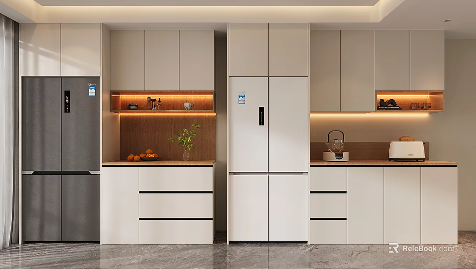 Modern Kitchen Interior Wine Cabinet With White Cabinets Refrigerator Wooden Countertop And Plants 3d model 