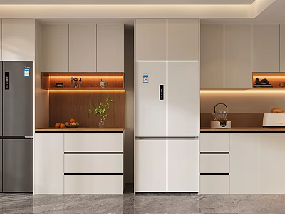 Modern Kitchen Interior Wine Cabinet With White Cabinets Refrigerator Wooden Countertop And Plants 3d model