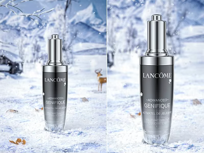 Lancôme Advanced Genifique Serum in Snowy Mountain Landscape With Deer And Cabin 3d model