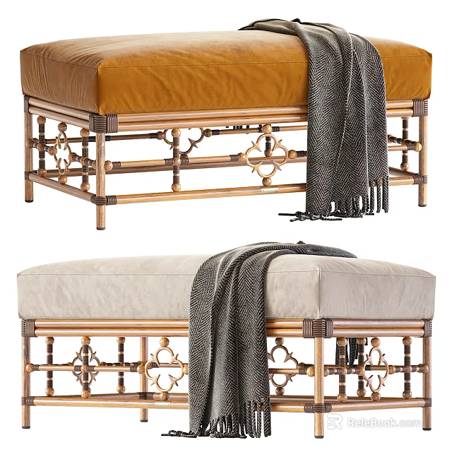 Stylish Ottoman with Orange Beige Cushions Metal Frame Intricate Pattern and Grey Throw Blanket 3d model 