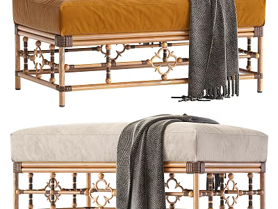 Stylish Ottoman with Orange Beige Cushions Metal Frame Intricate Pattern and Grey Throw Blanket 3d model