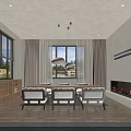 Modern Minimalist Lobby Interior With Circular Wooden Decor Fireplace White Chairs And Stone Sculpture