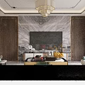 Modern Dining Living Room With Wooden Walls And Marble Pedestal Sculpture