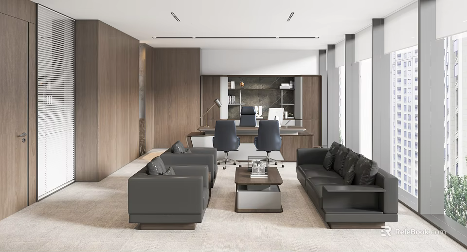 Modern Office Interior Design With Leather Sofas Wooden Desk Ergonomic Chairs And Large Windows 3d model 