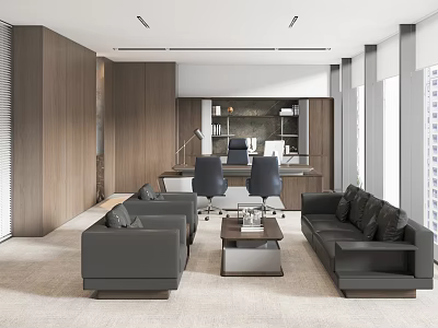 Modern Office Interior Design With Leather Sofas Wooden Desk Ergonomic Chairs And Large Windows 3d model