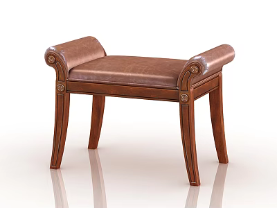 Elegant Wooden Stool with Leather Upholstered Seat and Carved Armrests Design 3d model