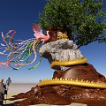 Artistic Sculpture Carving Featuring Tree Root Yellow Snake Small Figure And Colorful Decorations