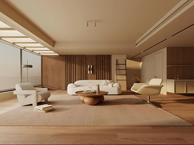 Modern Minimalist Living Room Interior With White Sofa Armchairs And Wooden Coffee Table 3d model
