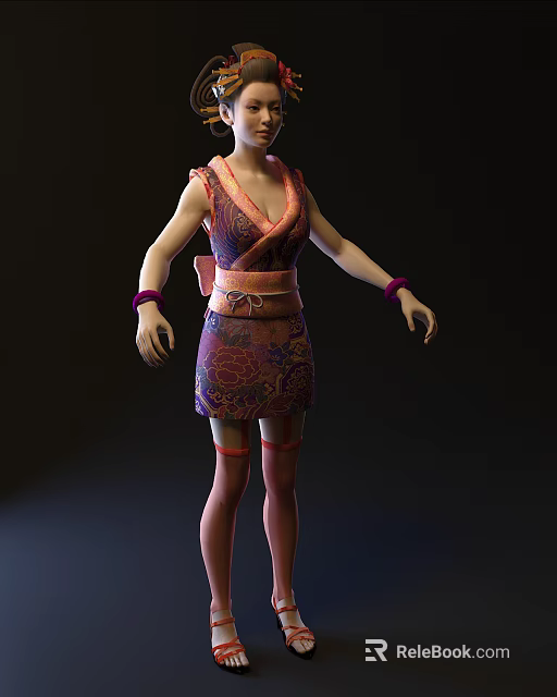 Woman Wearing Floral Patterned Dress With Decorative Belt Purple Bracelets And Red Stockings 3d model 