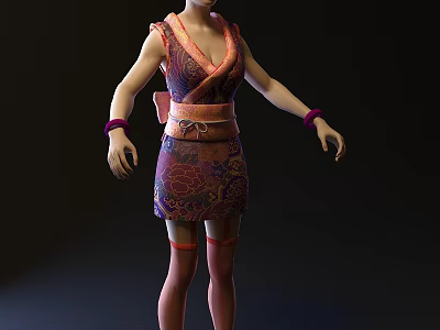 Woman Wearing Floral Patterned Dress With Decorative Belt Purple Bracelets And Red Stockings 3d model