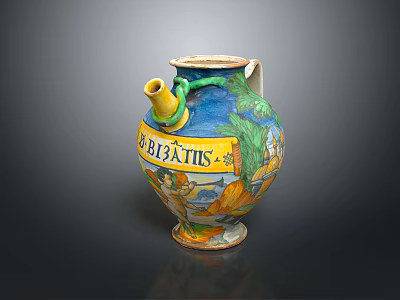 Colorful Decorative Pitcher with Blue Yellow Body BIATTIS Lettering and Figure Patterns 3d model