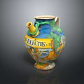 Colorful Decorative Pitcher with Blue Yellow Body BIATTIS Lettering and Figure Patterns