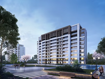Modern Residential Building With Lush Greenery Water And Walkways 3d model