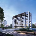 Modern Residential Building With Lush Greenery Water And Walkways