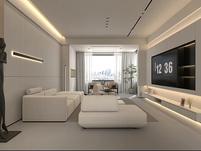 Modern Living Dining Room Interior With White Sofas Floor to Ceiling Windows and City View 3d model