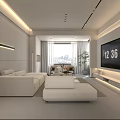 Modern Living Dining Room Interior With White Sofas Floor to Ceiling Windows and City View