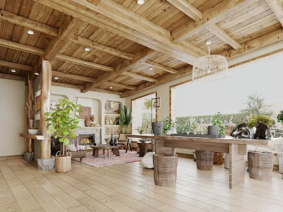 Cozy Wooden Tea Room Interior With High Ceiling Large Windows Indoor Plants And Warm Lighting 3d model