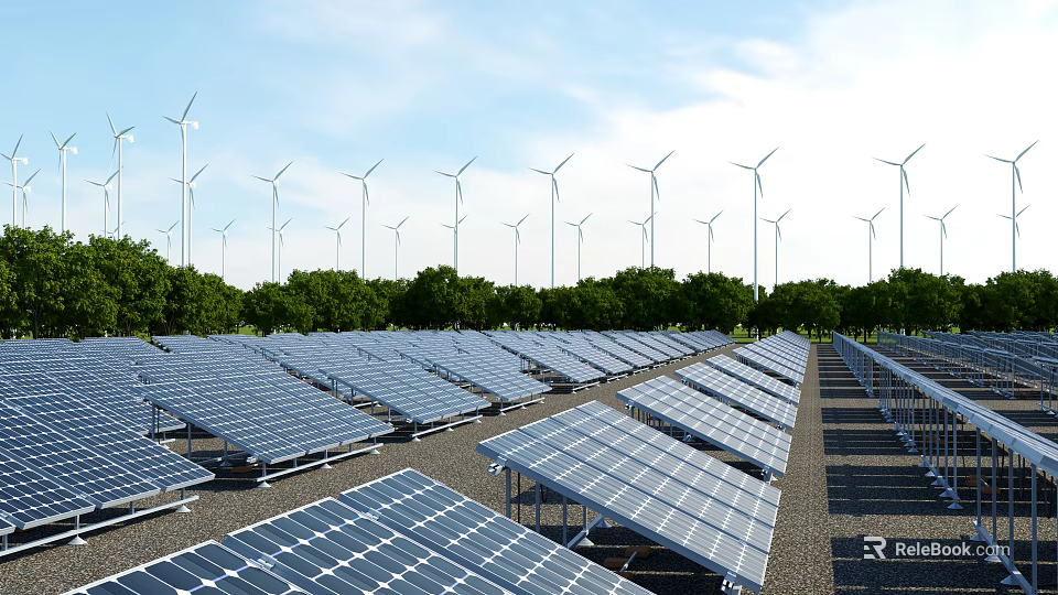 Solar Panels And Wind Turbines In Green Renewable Energy Power Facility 3d model 