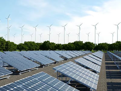 Solar Panels And Wind Turbines In Green Renewable Energy Power Facility 3d model
